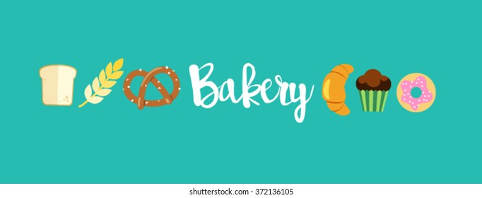 colorful bakery modern simple flat design illustration banner header with pastry shop products and white handwriting bakery sign typography with light bright turquoise blue background