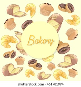 Colorful bakery products pattern. Bread, croissant, donuts and muffin. Vector background