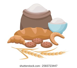 Colorful bakery products. Sack of meal croissant bowl bread cookies wheat ears isolated vector illustration