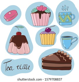 Colorful bakery set with cupcake, pudding, muffin, macaroon, cups, cake and lettering on white background. Template for Stickers, Greeting Scrapbooking, stickers, Invitations.Vector illustration.