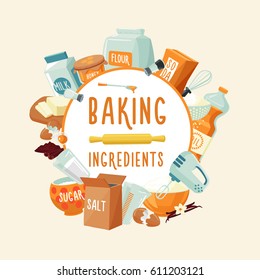 Colorful baking ingredients round concept with food products spices seasoning and kitchen tools isolated vector illustration