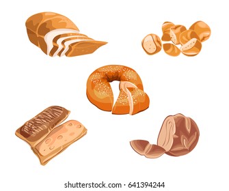 Colorful baking products set with sliced and cutting bread of different types on white background isolated vector illustration