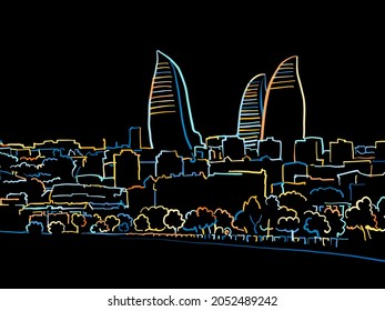 Colorful Baku Azerbaijan Panorama Drawing on black. Well crafted vector sketch für private and commercial use.