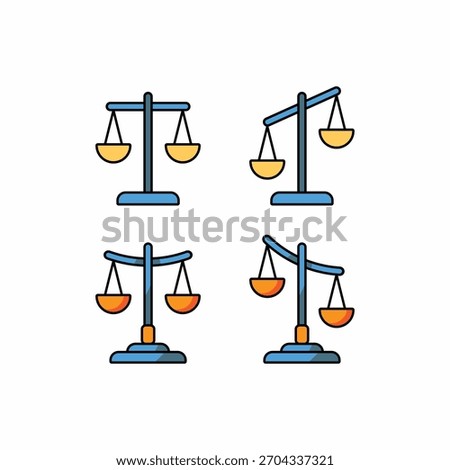 Colorful balance scale vector icon set representing justice, equilibrium, law, and comparison. Fully editabl