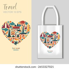 Colorful Bali island symbols in heart shape with tote bag mockup. Editable vector for tourism projects, souvenirs, or using the mockup separately for product presentation
