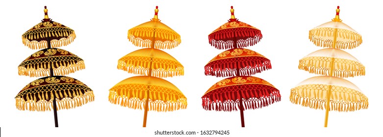 Colorful Balinese style traditional religious three-tiered umbrellas set isolated on white background, vector decoration elements illustration