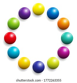 Colorful ball circle. Very shiny spectrum of colors formed by twelve balls. Vector illustration on white background.
