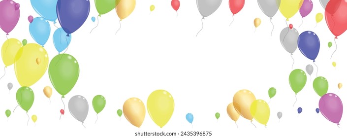 Colorful Ballon Background White Vector. Toy Creative Banner. Blue Shiny. Purple Confetti. Baloon Latex Background.