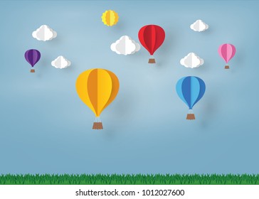 colorful Ballon and Cloud in the  blue sky with paper art design , vector design element  and illustration