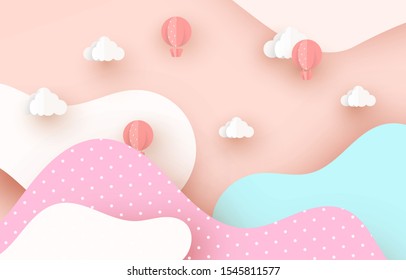 colorful Ballon and Cloud in the blue sky with paper art design , vector design element and illustration