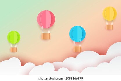 colorful Ballon and Cloud in the blue sky with paper art design , vector design element and illustration