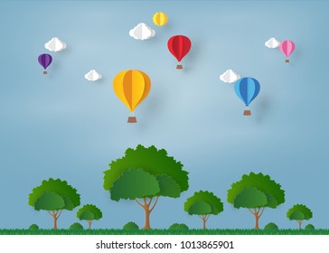 colorful Ballon and Cloud in the blue sky,tree on the grass  with paper art design , vector design element and illustration