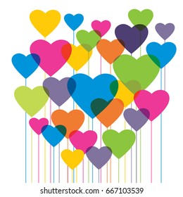 Globos de colores con forma de corazón en Ilustración vectorial. Concepto de amor, romance, pasión, Asistencia de sentimientos y emociones. Tarjeta del día de San Valentín en fondo blanco.