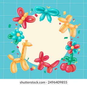 Colorful balloon animals and flowers arranged in a circular pattern on a blue background. Illustration with copy space. Party decoration and celebration concept.