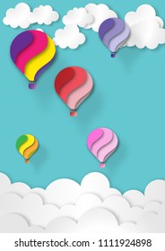 Colorful balloon in blue sky and white cloud paper art style vector