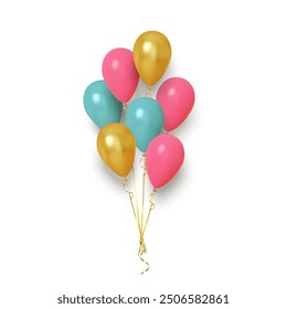 Colorful Balloon Bouquet with Gold, Pink, and Blue Balloons - Realistic 3D Vector Illustration