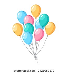 Colorful balloon bunch. Birthday balloons decoration, multicolored helium glossy balloons flat vector illustration. Flying air balloons on white