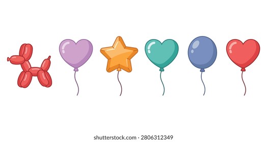 Colorful balloon collection featuring heart star and decorative shapes designed for parties celebrations birthdays invitations festive events and cheerful themed creative design projects