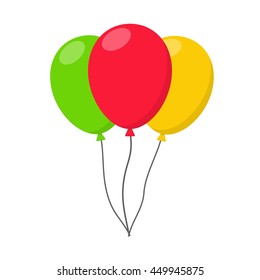 Colorful Balloon in flat style carnival happy surprise helium string. Air balloons isolated on white background. Three balloons set group for birthday party anniversary celebration.