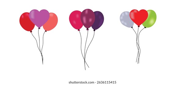 colorful balloon icons in cartoon style. Bunch of colorful flying balloons for birthday party, decoration, carnival. Holiday Party balloon sign and symbol collection in flat style on white background.