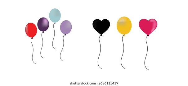 colorful balloon icons in cartoon style. Bunch of colorful flying balloons for birthday party, decoration, carnival. Holiday Party balloon sign and symbol collection in flat style on white background.