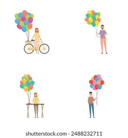 Colorful balloon icons set cartoon vector. Man and woman selling bright balloon. Street selling