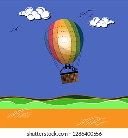 Colorful balloon with passengers flying in the sky in the clouds. Below are spacious fields and meadows. Vector illustration