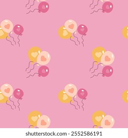Colorful balloon pattern with hearts on pink background.