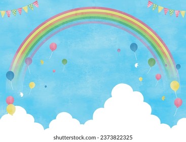 Colorful balloon and rainbow in the sky watercolor