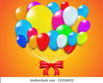 Colorful Balloon and red Bow on Orange Background