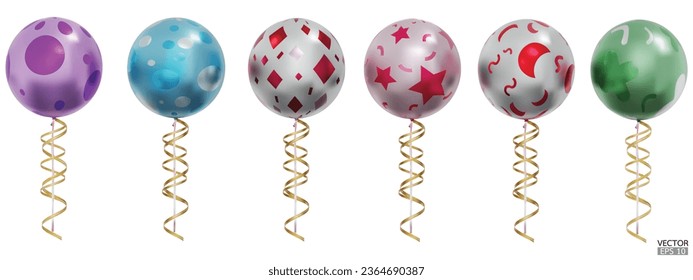 Colorful balloon set and gold ribbons, serpentine, confetti isolated on white background. Helium ballon template for anniversary, card, birthday, party, poster, decor, banner. 3d vector illustration.