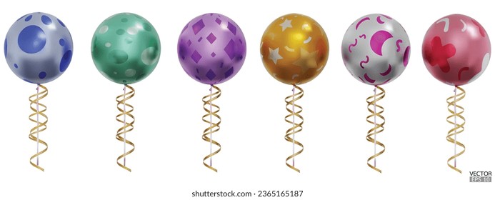 Colorful balloon set and gold ribbons, serpentine, confetti isolated on white background. Helium ballon template for anniversary, card, birthday, party, poster, decor, banner. 3d vector illustration.