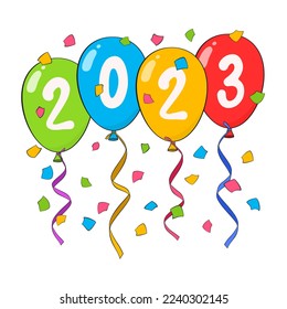 Colorful balloons with 2023 date and confetti. Cartoon. Vector illustration