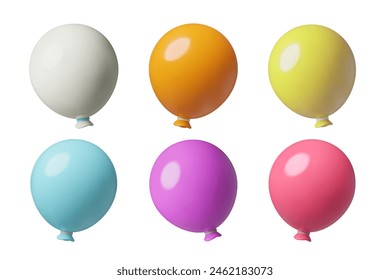 Globos de colores 3d colección de Ilustraciones vectoriales realistas. Fiesta de cumpleaños para niños decoraciones de vacaciones vibrantes tridimensionales establecidas aisladas sobre fondo blanco.