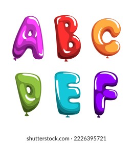 Colorful balloons alphabet. A,B,C,D,E,F creative cartoon glossy letters alphabetical font vector illustration