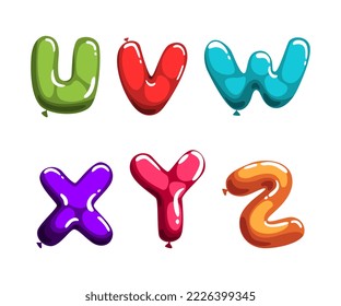 Colorful balloons alphabet. U,V,W,X,Y,Z creative cartoon glossy letters alphabetical font vector illustration