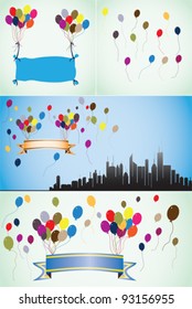 Colorful balloons, blank or empty banners and ribbons. Can be used for birthday cards, other party occasions.