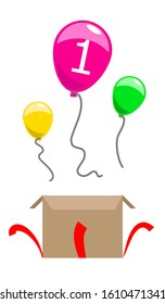 colorful balloons in the box, first birthday, cartoon style, vector illustraion 