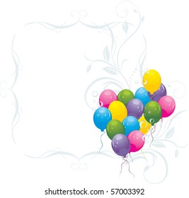 Colorful balloons with bubbles in the decorative frame. Vector