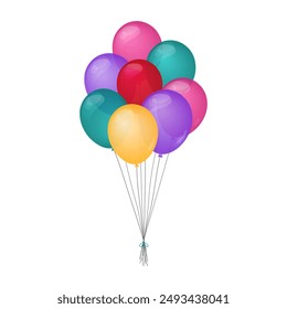 Colorful balloons bunch isolated. Vector illustration. Different decorative flat elements for Birthday, party, event and other celebration designs. Various festive inflated balloons tied up.