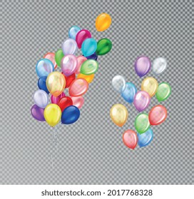 Globos coloridos racimos composición realista con imágenes aisladas de globos de diferente color sobre ilustración vectorial de fondo transparente
