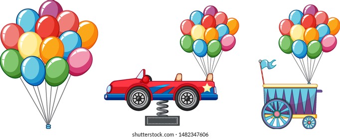 Colorful balloons with car and cart illustration