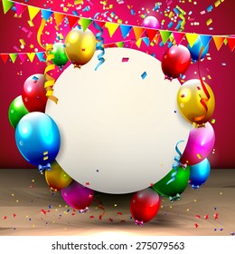 Colorful balloons and confetti - greeting card with place for your text