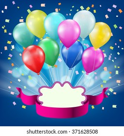 colorful balloons, confetti, light burst, ribbon and frame background. celebration vector design template