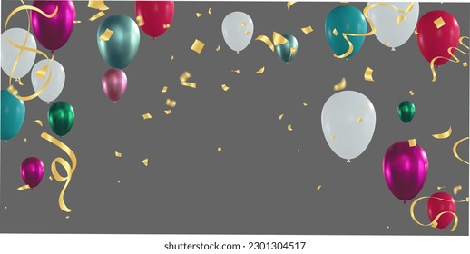 Colorful balloons and confetti on gray background. Vector illustration.