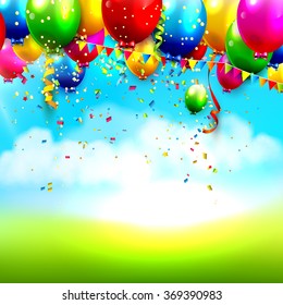 Colorful balloons and confetti on spring background