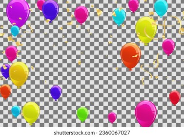 Colorful balloons and confetti on transparent background. Vector illustration.