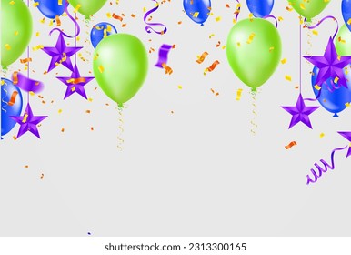 Colorful balloons, confetti and streamers on white background. Vector illustration.