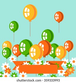 Colorful balloons and daisy vector illustration. Festive background. Congratulations, birthday, holiday greeting card or banner template.