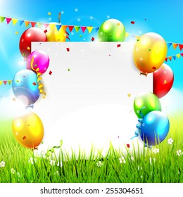 Colorful balloons and empty paper at sunny landscape 